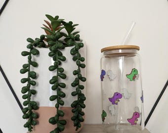 Dinosaur glass can, Dinosaur Lover, dinosaur cup, dinosaur glass, dinosaur gift, iced coffee glass with straw