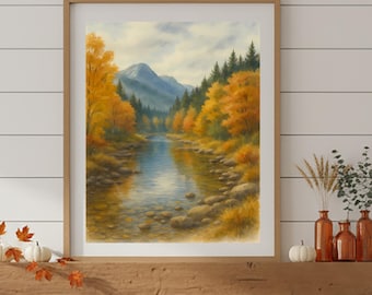 ヴィンテージの秋の風景画プリント：水彩画の川の風景（デジタル