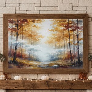 Aquarel herfstbosprint: mistig boslandschap (digitale download)