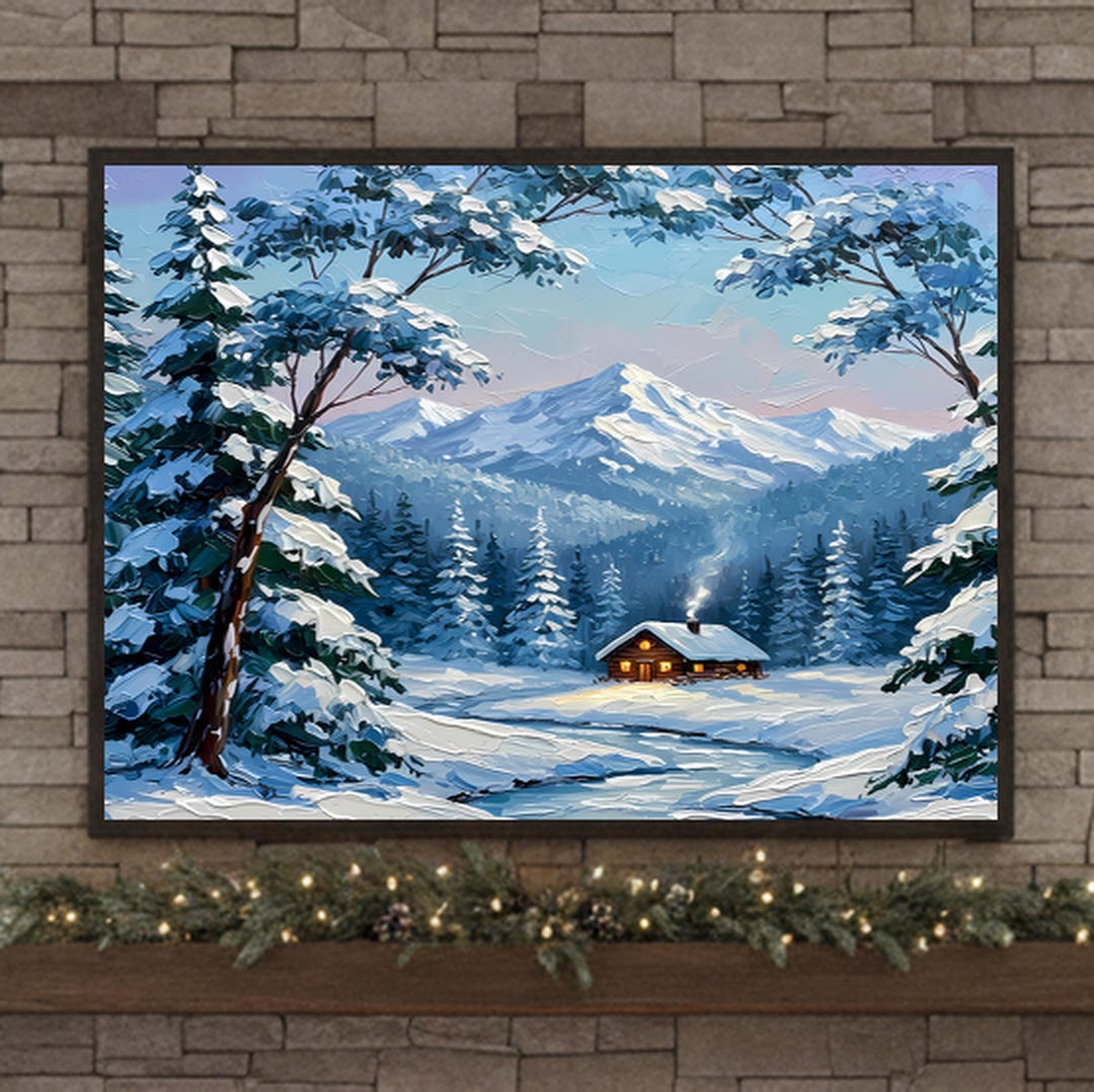 Winter Wonderland Printable Art, Snowy Cabin Mountains, Rustic Bathroom ...