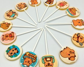 Capybara Cartoon Lutscher | Essbare Zuckerpapier Aufkleber | Runde Süßigkeiten Geschenke