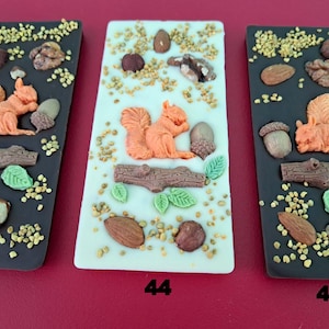Könnte beinhalten: Drei rechteckige Schokoriegel mit dekorativen Belägen. Zwei Riegel haben dunkle Schokoladenbasen, während der mittlere Riegel aus weißer Schokolade besteht. Jeder Riegel zeigt ein orangefarbenes Eichhörnchen, Nüsse und andere essbare Dekorationen. Die Nummern 43, 44 und 45 sind auf den Riegeln aufgedruckt.