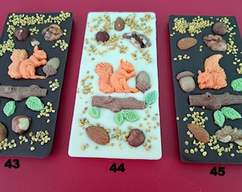 May include: Three rectangular chocolate bars with decorative toppings. Two bars have dark chocolate bases, while the center bar is white chocolate. Each bar features an orange squirrel, nuts, and other edible decorations. Numbers 43, 44, and 45 are printed on the bars.