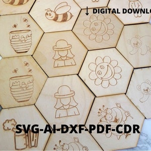 May include: Wooden hexagon tiles with engraved illustrations of a bee, honey pot, smiling flower, bear, and a person. The text "DIGITAL DOWNLOAD" and "SVG-AI-DXF-PDF-CDR" are also visible.