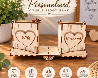 Personalized Wooden Couple Piggy Bank, Custom Names, Wedding Anniversary Gift