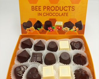 Bijenproducten in chocolade/gepersonaliseerde chocoladegeschenkdoos/chocoladegeschenk in houten kist/ambachtelijke chocolade in houten kist/premium geschenkset