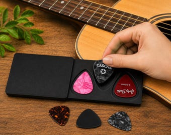 Personalized 3D Printed Guitar Pick Holder, Sliding Lid Plectrum Case
