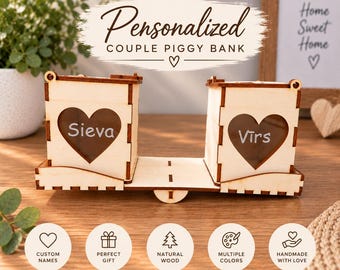 Personalized Couple Wooden Piggy Bank, Custom Names, Anniversary Gift