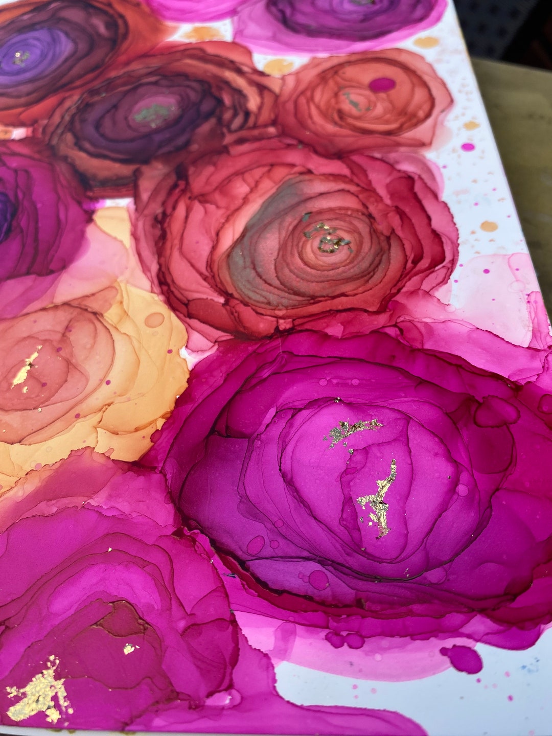 Original Alcohol Ink Roses Painting: Pink, Red, and Gold (11x14 Inches ...