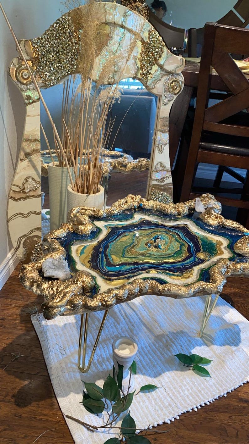 Resin Geode Table: Turquoise Epoxy With Gold Steel Legs - Etsy