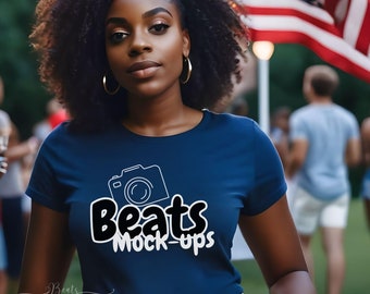 Bella Canvas 3001 Navy Tshirt Fourth Of July Mockup, Blue Short Sleeve Crewneck Tee, African American Female Model, Outdoor Bar-B-Que Picnic