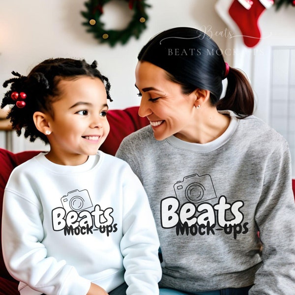 Gildan 18000 Sport Grey Sweatshirt Christmas Mockup, Gildan 18000B White Youth Sweater, Closeup Female Model, Girl Kid Child, Family Parent