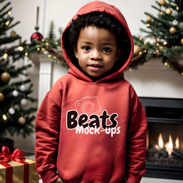 Rabbit Skins 3326 Red Toddler Hoodie Sweatshirt Christmas Mockup, Hooded Sweater, African American Child Kid Model, Traditional Cozy Classic