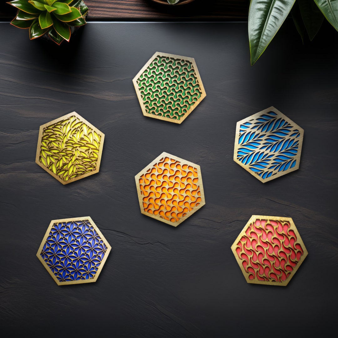 Coasters for Glasses Cups Made of Wood Set of 6 Geometric Etsy