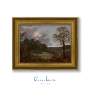 May include: An antique landscape painting in a gold frame. The artwork depicts a pastoral scene with trees, a field, and sheep under a cloudy sky. The painting is from the Bloom House Print Shop.