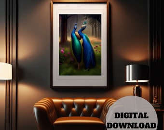 Peacock Couple Painting: Majestic Forest Art Print (Digital Download)