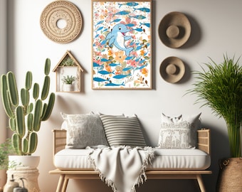 Dolphin Wall Art: Floral Ocean Print (Digital Download)