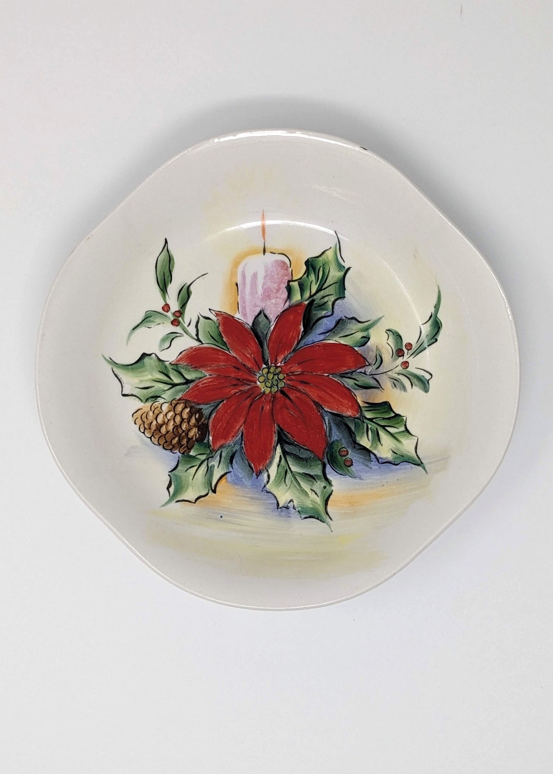 Vintage Handpainted Christmas Plate With Candle and Poinsettia Etsy
