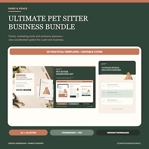 Peut inclure: Un ensemble numérique pour entreprise de garde d'animaux comprenant 28 modèles et une couverture modifiable. Le kit inclut des formulaires, des outils marketing et des bonus exclusifs, présentés dans une palette de vert et terracotta.
