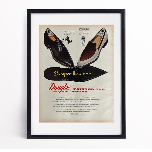 Vintage Ad Shoe Print Art Wall Decor Retro Print Advertising Vintage Gift for Shoe Lover 1960's Douglas Shoes Ad Gift for Vintage Lover