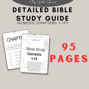 May include: A detailed Bible study guide for Genesis chapters 1-11, featuring 95 pages. The cover displays the title "Bible Study Genesis 1-11" with a summary of the book's content. The guide includes chapters on creation, the serpent, and more.