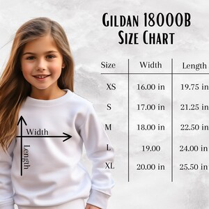 May include: Size chart for Gildan 18000B sweatshirts, showing width and length measurements in inches for sizes XS, S, M, L, and XL.