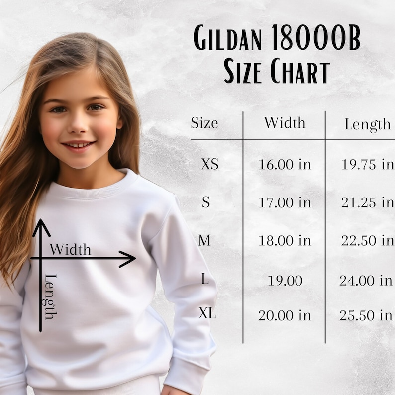 May include: Size chart for Gildan 18000B sweatshirts, showing width and length measurements in inches for sizes XS, S, M, L, and XL.