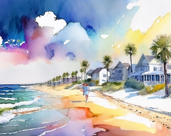 Printable Folly Beach Charleston Watercolor Digital Art Coastal Wall Decor South Carolina Beach Print Instant Download Lowcountry Art