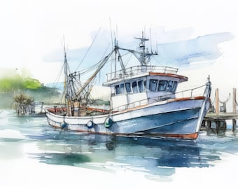 Charleston Shrimp Boot Aquarell Kunstdruck, Küstenlandschaft Maritim Dekor (Digitaler Download)