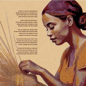 May include: An artistic illustration shows a woman weaving, with accompanying text. The woman, with her hair in a bun, wears an orange top. The image has a warm, sepia tone, suggesting a focus on craft and heritage.
