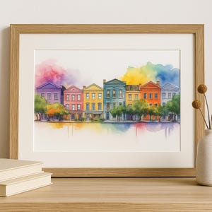 Rainbow Row Printable Charleston Downtown Decor Colorful Watercolor Coastal Home Art Decor Digital Download