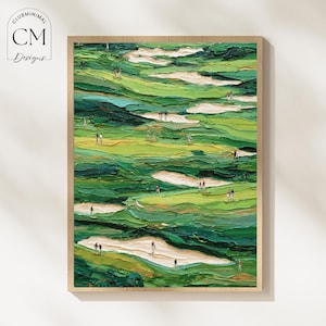 May include: A framed, textured oil painting of a golf course. The artwork features a vibrant green landscape with sand traps and tiny figures of golfers. The painting has a thick impasto style, with visible brushstrokes.