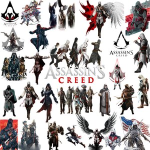 May include: A collage of images featuring characters from the Assassin's Creed video game series. The images show various characters in different poses and settings, including a hooded figure with a hidden blade, a group of assassins walking in a line, and a character standing on a rooftop. The text "Assassin's Creed" is prominently displayed in the center of the collage.