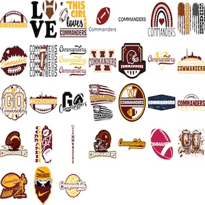 May include: A collection of digital designs featuring the Washington Commanders logo and team colors. The designs include various graphics, such as footballs, hearts, and the team's name.