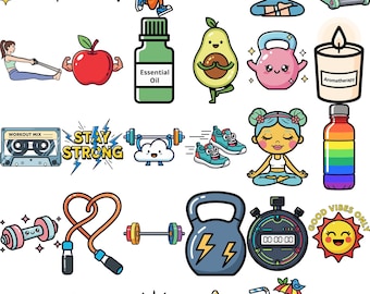 Kawaii Fitness Sticker, Workout & Wellness SVG, niedliches Workout-Planer-Aufkleber, Fitnessstudio, Yoga, gesunder Lebensstil digitaler Download, SVG / PNG-Bundle