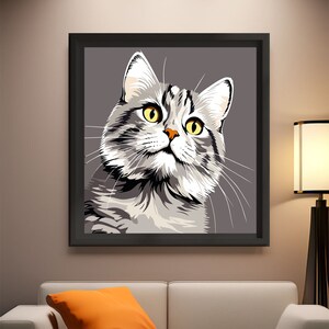 May include: A framed illustration of a gray tabby cat with yellow eyes looking up. The cat is depicted in a simple, stylized manner against a gray background.