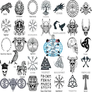 May include: Black and white illustrations of various Norse mythology symbols, including runes, trees, animals, and weapons. The symbols are arranged in a grid pattern on a white background.