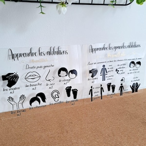 Peut inclure: Deux guides pédagogiques en acrylique transparent avec texte et illustrations noirs. L'un détaille les ablutions, montrant le lavage des mains, la bouche, le nez, le visage, les bras, les cheveux, les oreilles et les pieds.