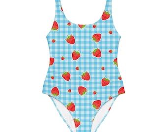 Erdbeer Blau Gingham Print Einteiliger Badeanzug | Erdbeer einteiliger Badeanzug | Erdbeer Badeanzug | Badeanzug |Fruiger Badeanzug