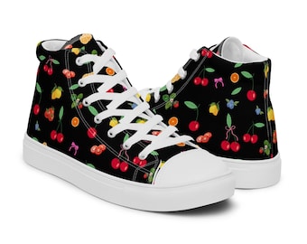 Schwarzer Bauernmarkt High Top Canvas-Schuhe für Damen | Frucht-Turnschuhe | Foodie Sneakers | Obst Tennisschuhe | Diät Schuhe | Feinschmecker-Schuhe