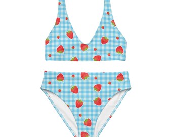 Erdbeerblau Gingham Print Recycled Bikini mit hoher Taille | Erdbeer Badeanzug | Erdbeer Bikini | Süßer Bikini | Fruity Bikini Set