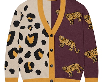 Burgunder Farbblock Animal Print Strickjacke, Retro Pullover, Fun Cardigans, Vintage Pullover, Grafik Pullover, süße Cardigans