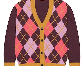 Argyle Strickjacke in Burgundy Pink & Flieder, Retro Pullover, Vintage Pullover, Grafik Pullover, Süße Cardigans