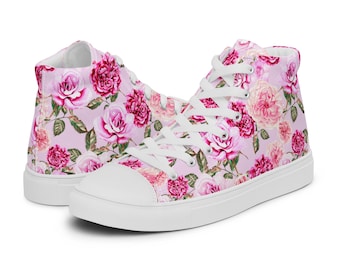 Pink Floral Damen High Top Canvas Schuhe | Florale Canvas-Turnschuhe | Leichte Schnürschuhe | Pink Floral Sneakers | Florale Tennisschuhe