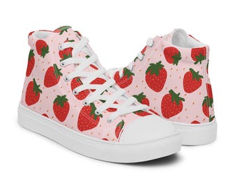 Fresh Strawberry Damen High Top Canvas Schuhe | Frucht-Turnschuhe | Foodie Sneaker | Frucht Frucht Tennisschuhe | Diät Schuhe | Feinschmecker-Schuhe