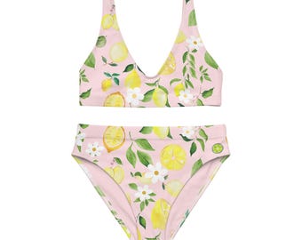 Lemon Squeeze Recycled Bikini mit hoher Taille | Zitrone Badeanzug | Einteiliger Badeanzug | Süßer Bikini | Fruchtiger Bikini | Zitronen Bikini