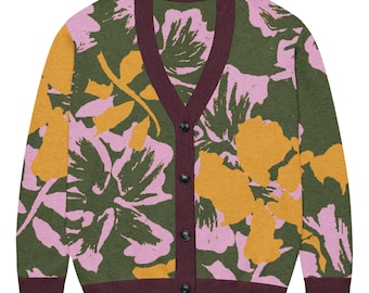 Olivfarbene Flieder & Senf Florale Strickjacke, Retro Pullover, Lustige Cardigans, Vintage Pullover, Grafik Pullover, Süße Cardigans