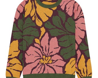 Olive Coral & Mustard Floral gestrickter Rundhalspullover