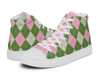 Rosa, Grün & Hellbraun Argyle High Top Canvas-Schuhe für Damen | Rosa und Grüne Turnschuhe | Hübsches Mädchen Turnschuhe | Argyle Tennisschuhe