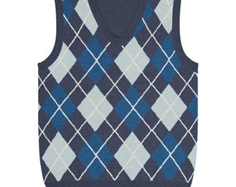 Navy, Blau & Hellblau Argyle Strickweste mit V-Ausschnitt | Blaue Argyle Strickweste mit V-Ausschnitt | Retro Vintage Unisex Pullover | Cosplay | Urlaub Pullover